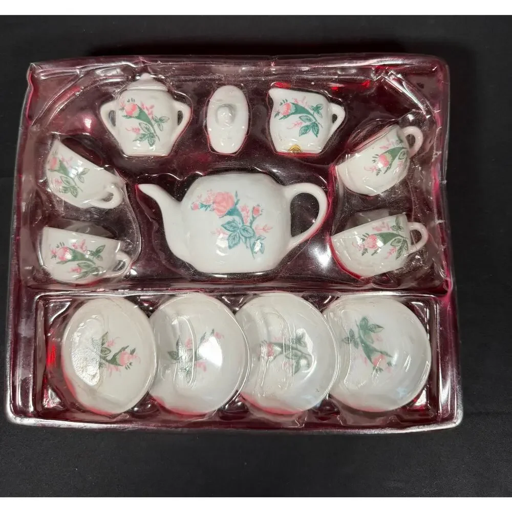 Vintage 13 Pc Miniature Porcelain Tea Set Pink Roses Made in China 1990s